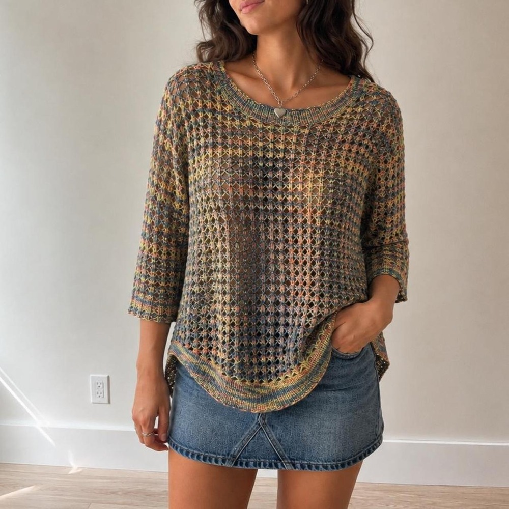 La Bella Multicolor Open Knit Sweater Women L Space Dye Crochet Indie Artsy Y2K